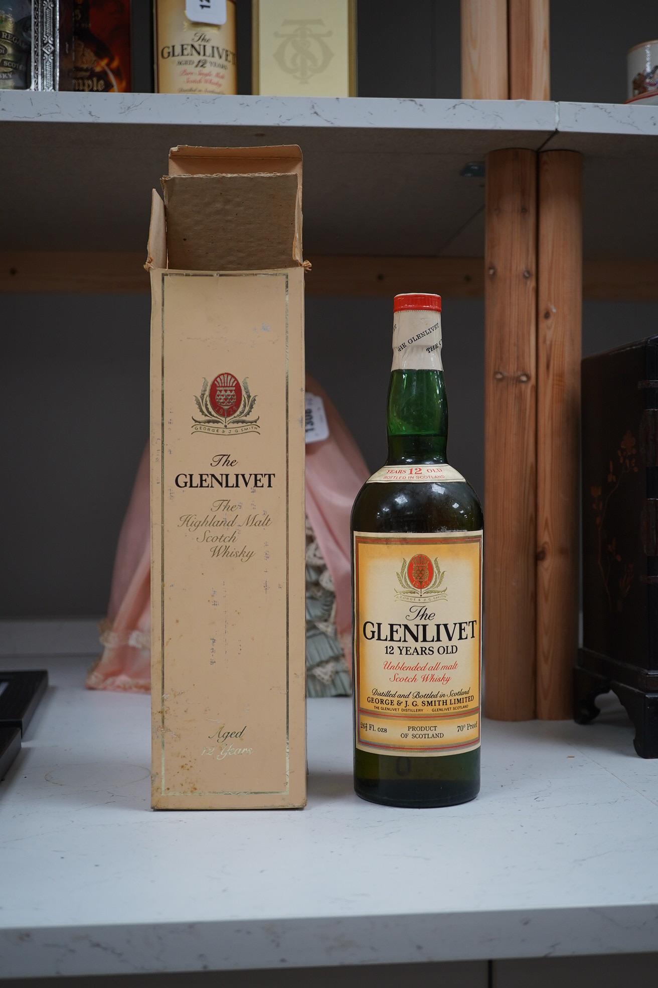 Six bottles of various whiskies to include two bottles of 12 year Glenlivet (one boxed). Condition - unknown